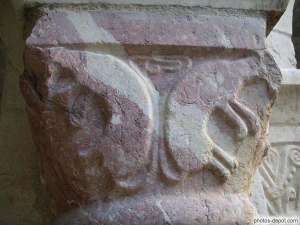 photo de taureaux sculptés dans le marbre rose de Villefranche de Conflens, Cloître