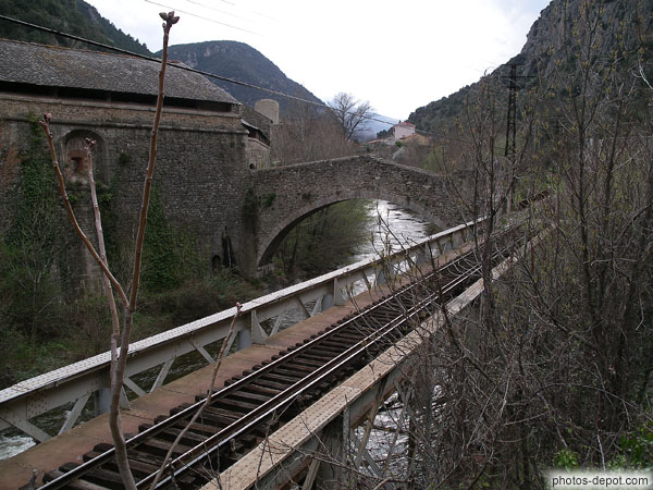 Voie ferrée à 3 rails du train jaune et pont sur la Têt
