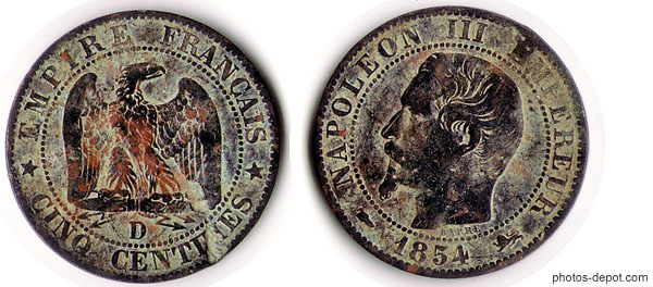 photo de pièce cuivre de 5 centimes, Napoléon III empire français 1854