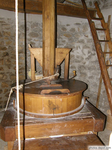 photo d'axe et machinerie du moulin servant à moudre le blé en farine