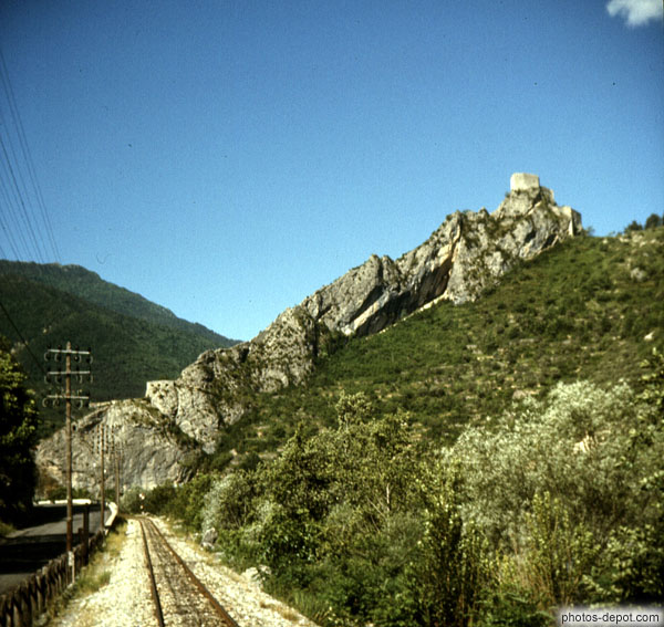 photo de route et chemin de fer longeant bande rocheuse surmontée d'une tour