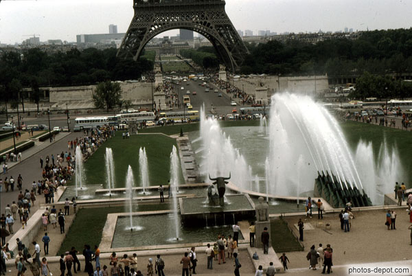 photo de canons à eaux du Trocadéro face à la tour Eiffel