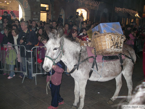 photo de âne chargé de cadeaux, procession de Noël devant la cathédrale