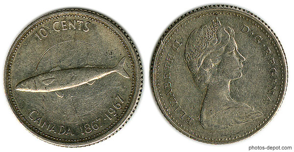photo de Pièce 10 cents argent 1867 1967 poisson, Elisabeth II D.G.Regina