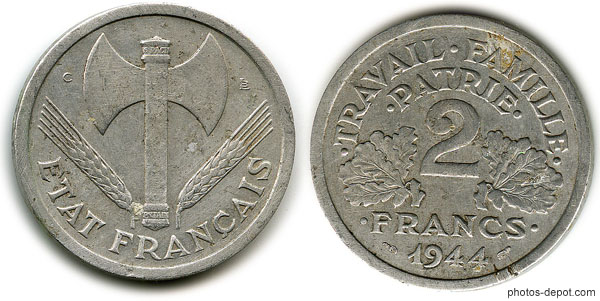 photo de Pièce 2 francs Etat francais 1944 Petain Francisque