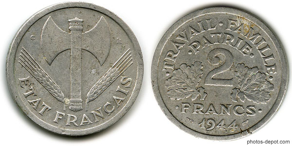 Pi�ce 2 francs Etat francais 1944 Petain Francisque
