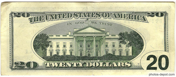 photo de Billet in god we trust 20$ US Dollars white house