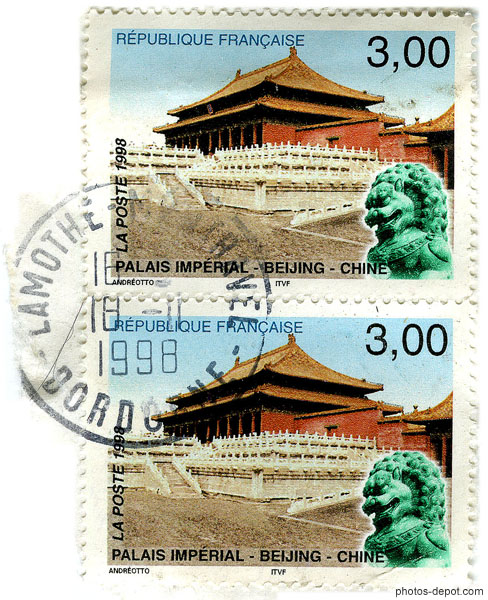 photo de timbre Palais impÃ©rial beijing Chine 3 francs