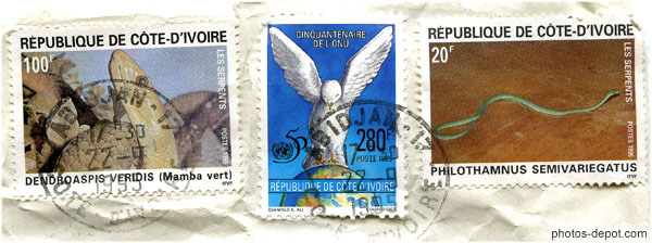photo de timbres cote d'Ivoire 100F Dendroaspis Veridis (mamba vert), 280F cinquantenaire de l'ONU, 20F Philothamnus Semivariegatus