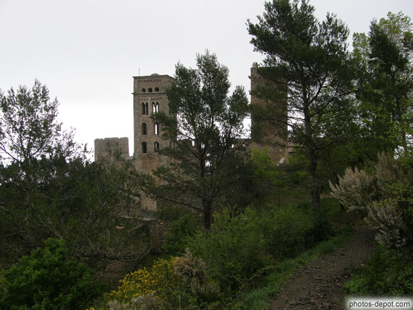 photo de tours du monastère à travers la végétation