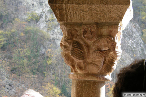 photo de griffons se mordant les ailes sur chapiteaux des colonnes du cloître