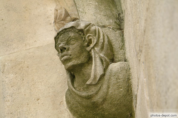 photo de Cul-de-lampe : visage au nez pointu et grandes oreilles, couvert d'un voile