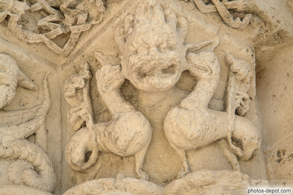 photo de dragons mordant les oreilles pointues d'une tête diabolique sur chapiteaux du portail