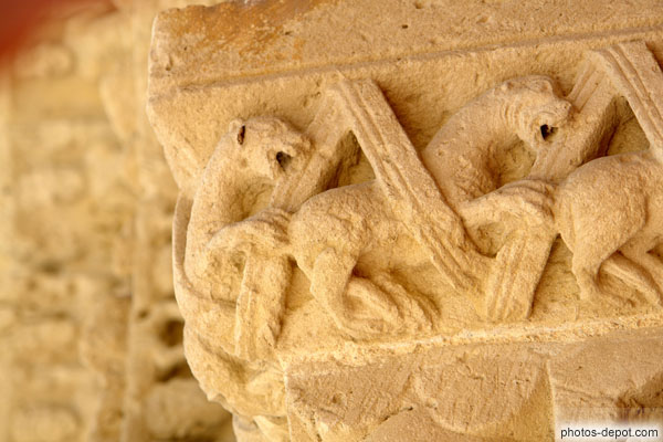 photo de lions mordant un ruban décorant les chapiteaux du portail sud