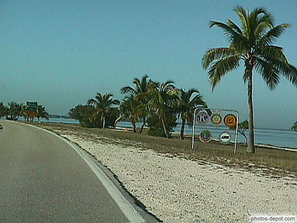 photo de panneaux et palmiers en bord de plage