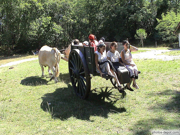 Femmes assises dans la charrette du bouvier France, Aquitaine, Marquèze, Photo 2004
