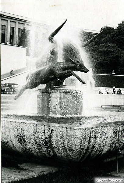 photo de fontaine tête de taureau et jeune taureau sautant