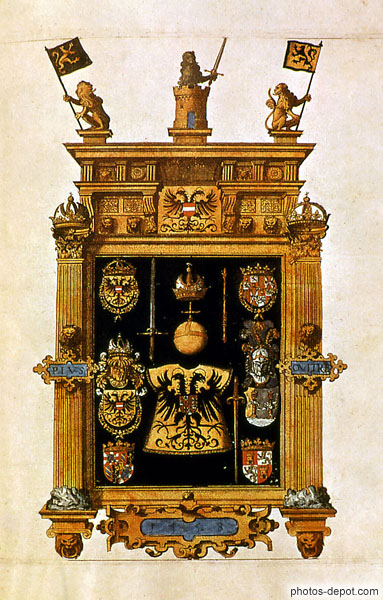 photo d'Armoiries de Charles Quint aigle bicéphale épées Mitre Autriche devise Plus Oultre 1558