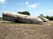 Grand menhir bris. Bris en 4 morceaux, ce monolithe est travaill; sur le 2e tronon figure une grand signe en <<hache>>.